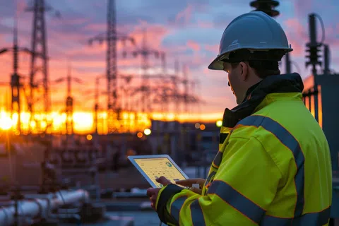 Engineer in high-visibility jacket and helmet using tablet at electrical substation during sunset.