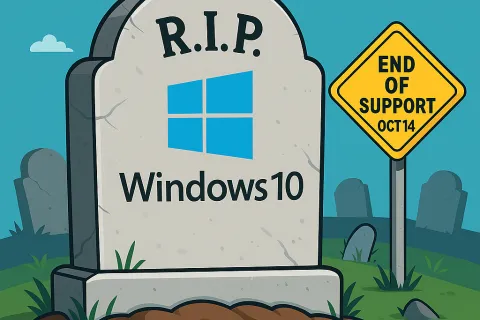 Tombstone with Windows 10 logo and R.I.P., next to sign reading End of Support Oct 14 in a graveyard.