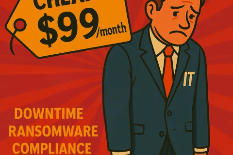 Sad IT worker under $99/month price tag with risks like downtime, ransomware, compliance, and data loss highlighted.