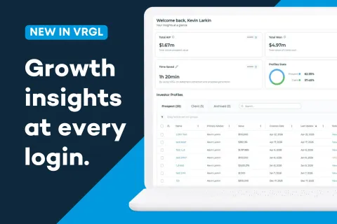 Dashboard showing growth insights, client profiles, and time saved on a laptop screen with VRGL branding.
