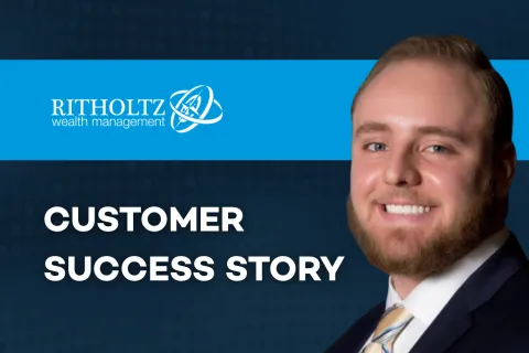 Smiling man in suit and striped tie with Ritholtz Wealth Management logo and Customer Success Story text.