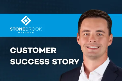Smiling professional man in suit beside Stonebrook Private logo and Customer Success Story text on dark blue background