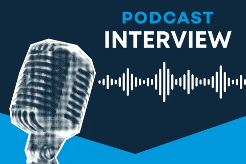 Retro microphone with soundwave graphic and bold text reading podcast interview on blue background