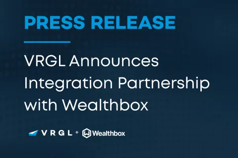 Press release announcing integration partnership between VRGL and Wealthbox on a blue dotted background.