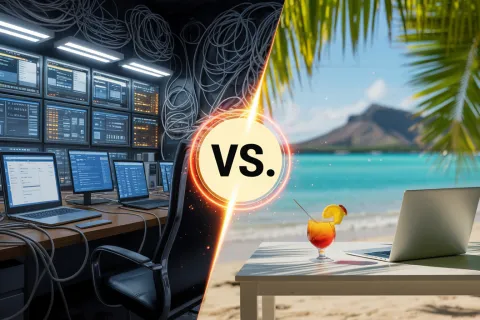 Contrast between a dark tech-filled office setup and a bright tropical beach workspace with laptop and cocktail.