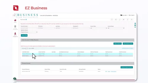 EZ Business card management dashboard showing payments, account details, and transaction options for business accounts.