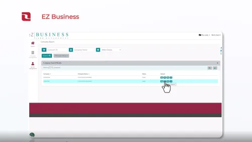EZ Business company search interface displaying company results with action buttons and user cursor pointer.