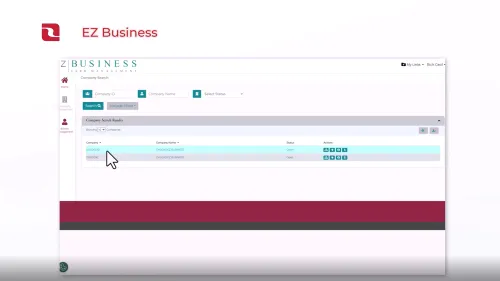 EZ Business software interface showing company search results and management options in a dashboard layout.