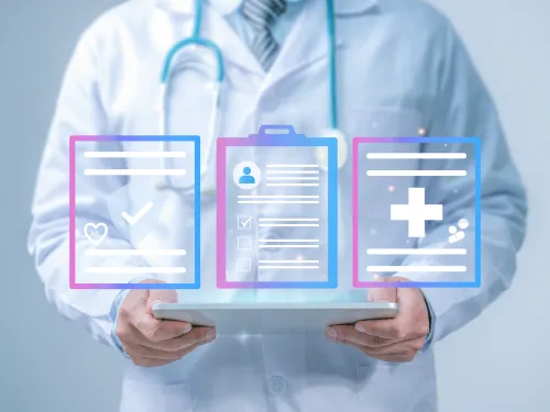 Doctor holding digital tablet with virtual medical documents and health icons floating above it