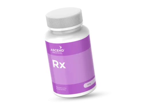 White prescription medicine bottle with purple label marked Rx, by Ascend Medical, 10 mg dosage shown.