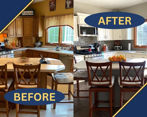 a kitchen with tables and chairs