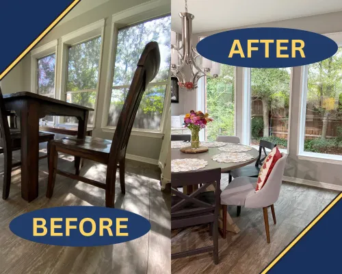 a dining room with a table and chairs