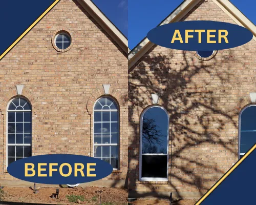 a brick building with a sign on it