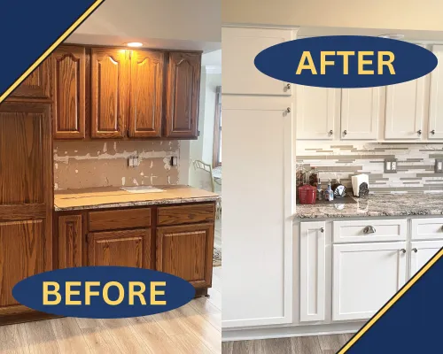 a kitchen with wooden cabinets