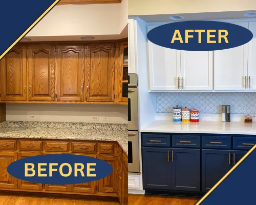 a kitchen with blue cabinets