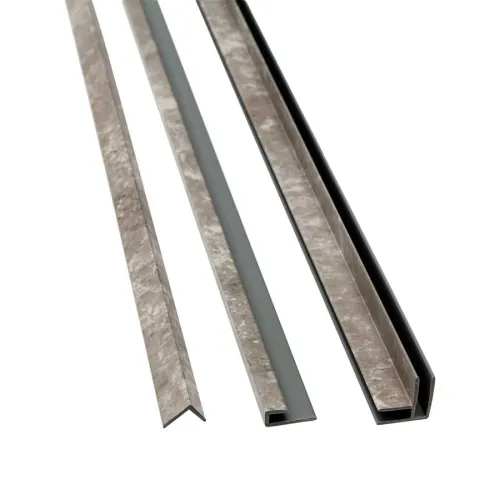 Three metal trim pieces with various profiles displayed on a white background for construction or finishing work
