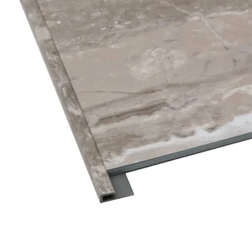 Close-up of a marble-patterned tile with an attached L-shaped edge trim in neutral tones.