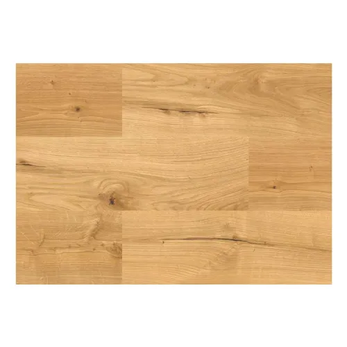 Light natural oak wood floor planks with visible grain and knots in a smooth finish pattern.