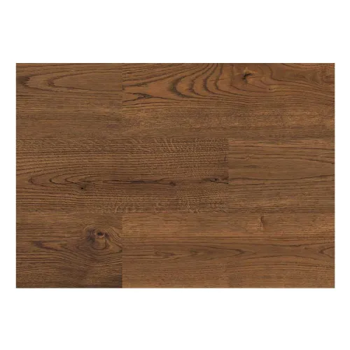 Close-up of brown wood flooring with visible grain patterns and knots in a natural finish.