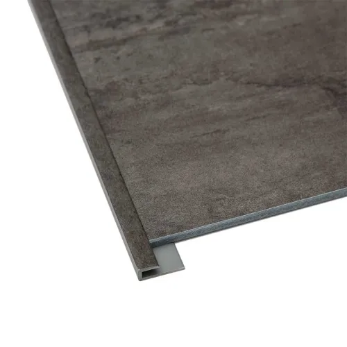 Gray vinyl floor plank with an edge profile designed for seamless locking installation.