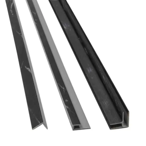 Three black marble-patterned metal trim profiles with different cross-sectional shapes on a white background.