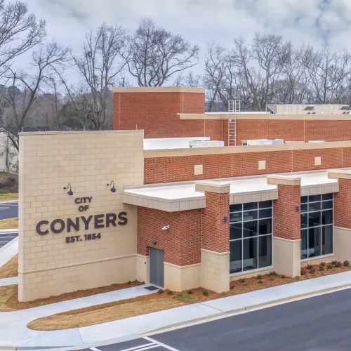 a building with a road in front