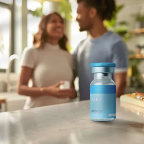 Close-up of a GLP-1 medicine vial on a kitchen counter with a smiling couple in the background.