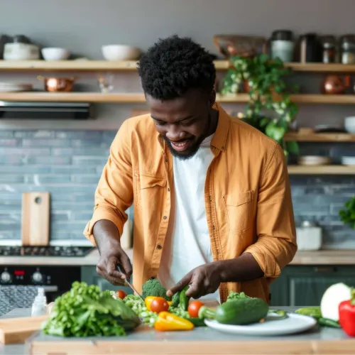 Smiling man in orange shirt chopping fresh vegetables on kitchen counter with modern decor in background