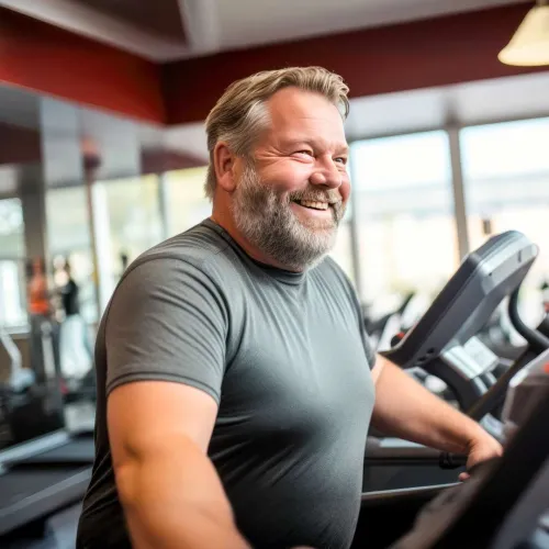 Middle-aged man with gray beard smiling while using treadmill at a bright gym with large windows.
