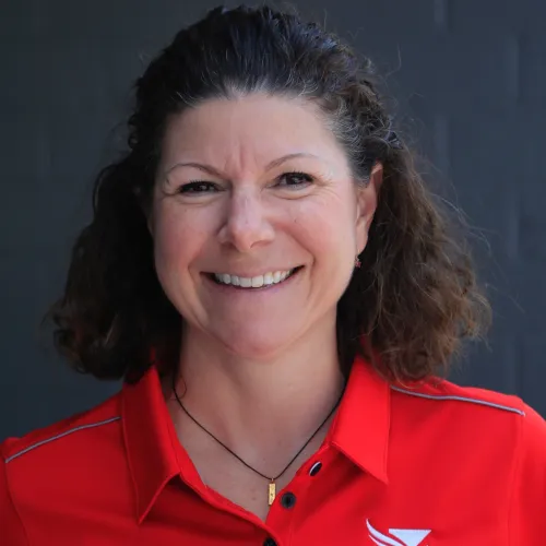 a woman wearing a blue shirt