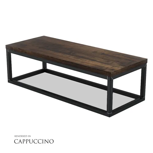Industrial style rectangular coffee table with a dark wood top and black metal frame base