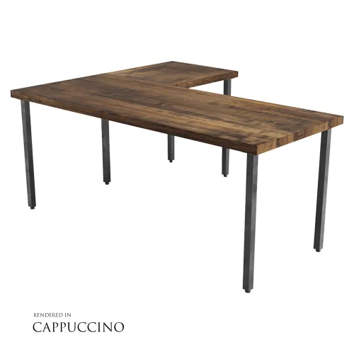 L-shaped wooden office desk with dark metal legs and cappuccino finish surface, modern industrial style.
