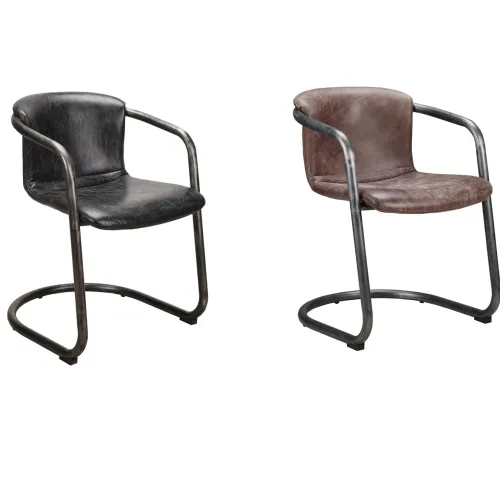 Two modern cantilever chairs with metal frames and leather upholstery in black and brown colors isolated on white.