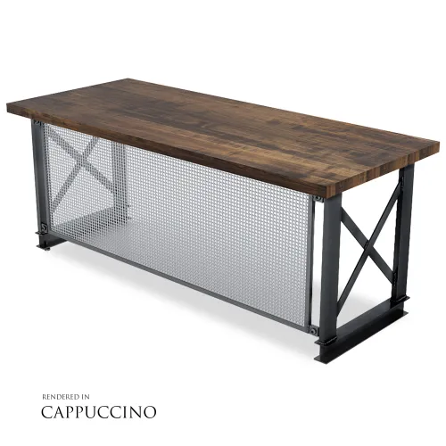 Industrial-style desk with dark wood top and black metal frame featuring a mesh modesty panel in cappuccino finish.
