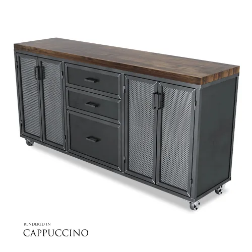 Industrial style metal cabinet with perforated doors, three drawers, wooden top, and caster wheels for mobility.