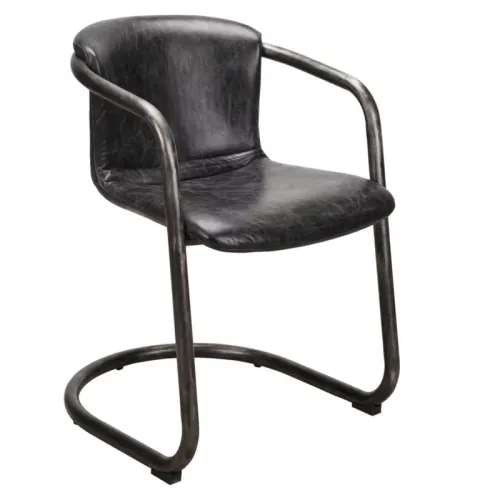 Black leather chair with curved metal frame and cantilever base on white background