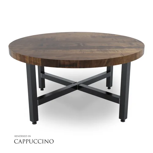 Round wooden coffee table with a cappuccino finish top and black metal X-frame legs on white background.