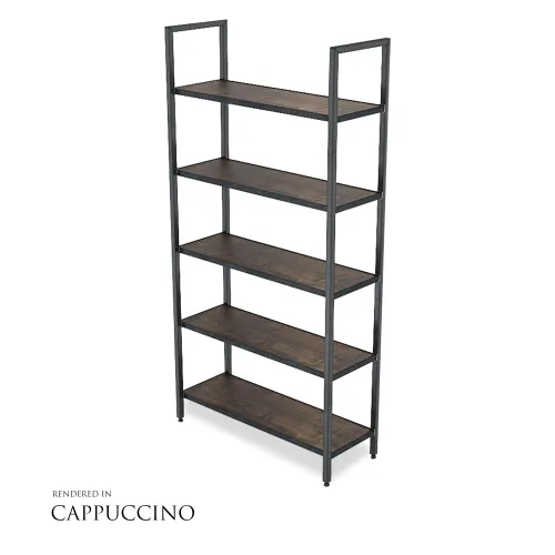 Five-tier cappuccino wood and black metal frame shelving unit with open rectangular sides.