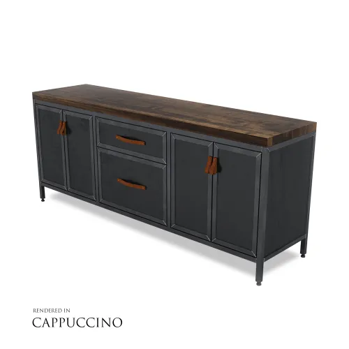 Industrial-style sideboard with dark metal body, wooden top, and leather handles on cabinet doors and drawers.