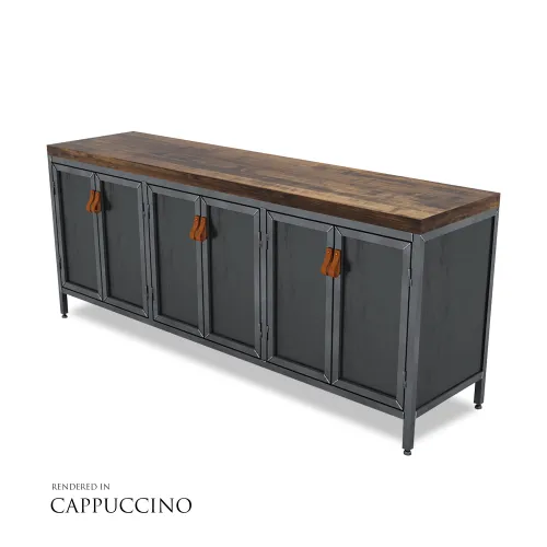 Long industrial-style sideboard with dark metal body, wooden top, and leather strap handles on cabinet doors.