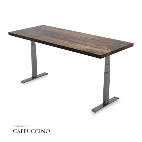 Adjustable standing desk with cappuccino wood top and metal legs on white background