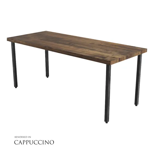 Rectangular wooden table with dark metal legs and a cappuccino finish tabletop isolated on white.