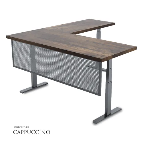 Modern L-shaped height-adjustable office desk with cappuccino wood top and metal legs