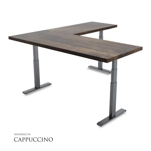 L-shaped adjustable standing desk with dark wood cappuccino finish and metal legs on white background