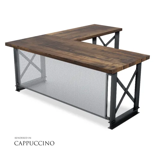 L-shaped office desk with dark wood top and black metal frame featuring mesh panel and cross supports.