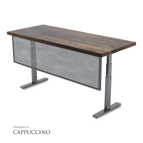 Adjustable height standing desk with wooden top and metal frame featuring a perforated modesty panel in cappuccino finish