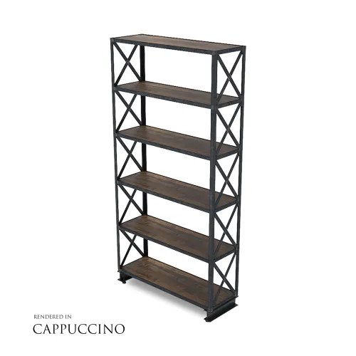 Six-tier industrial style bookshelf with dark wood shelves and black metal frame.