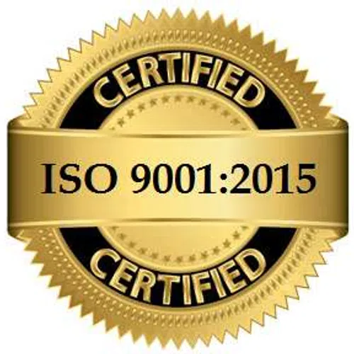 Gold seal with ISO 9001:2015 certification text and decorative stars in black and gold colors