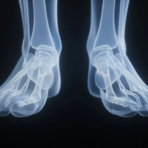 Transparent X-ray view of human feet bones showing detailed skeletal structure on black background