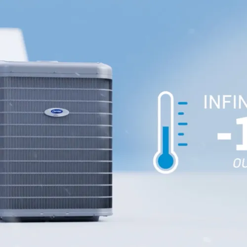 Carrier Infinity Line air conditioner unit operating efficiently at minus 15 degrees outside temperature.